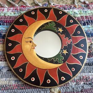 Vintage 90s 11.5" Handcarved Celestial Sun Moon Stars Wall Mirror Indonesia